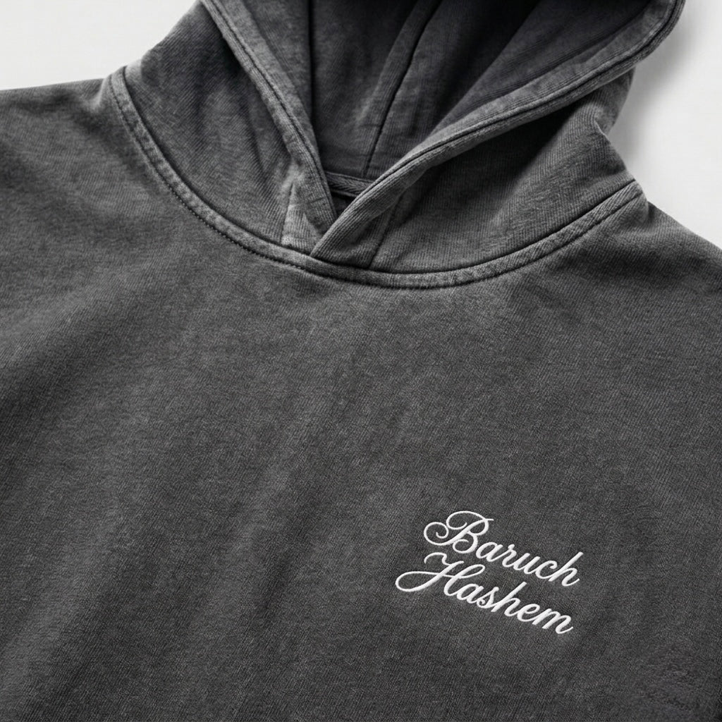 Baruch Hashem Heavy Fleece Hoodie - Vintage Black - Made in Los Angeles